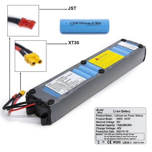 [15456] Batterij 36v 7,8 A/h met XT30 en JST connectoren 